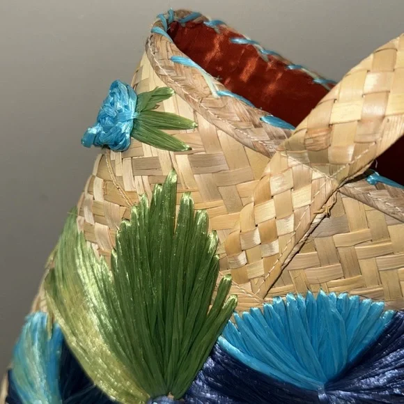 Vintage oversized large gorgeous turquoise blue flower raffia basket beachy bag - Picture 4 of 14